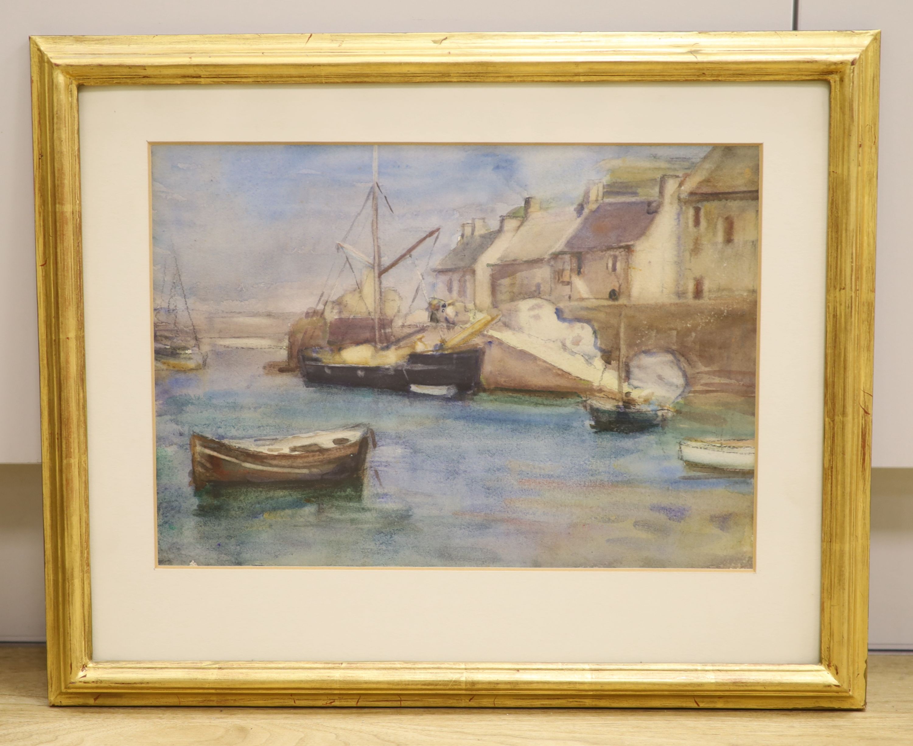 Newylyn School c.1900, watercolour, Harbour scene, 26 x 36cm